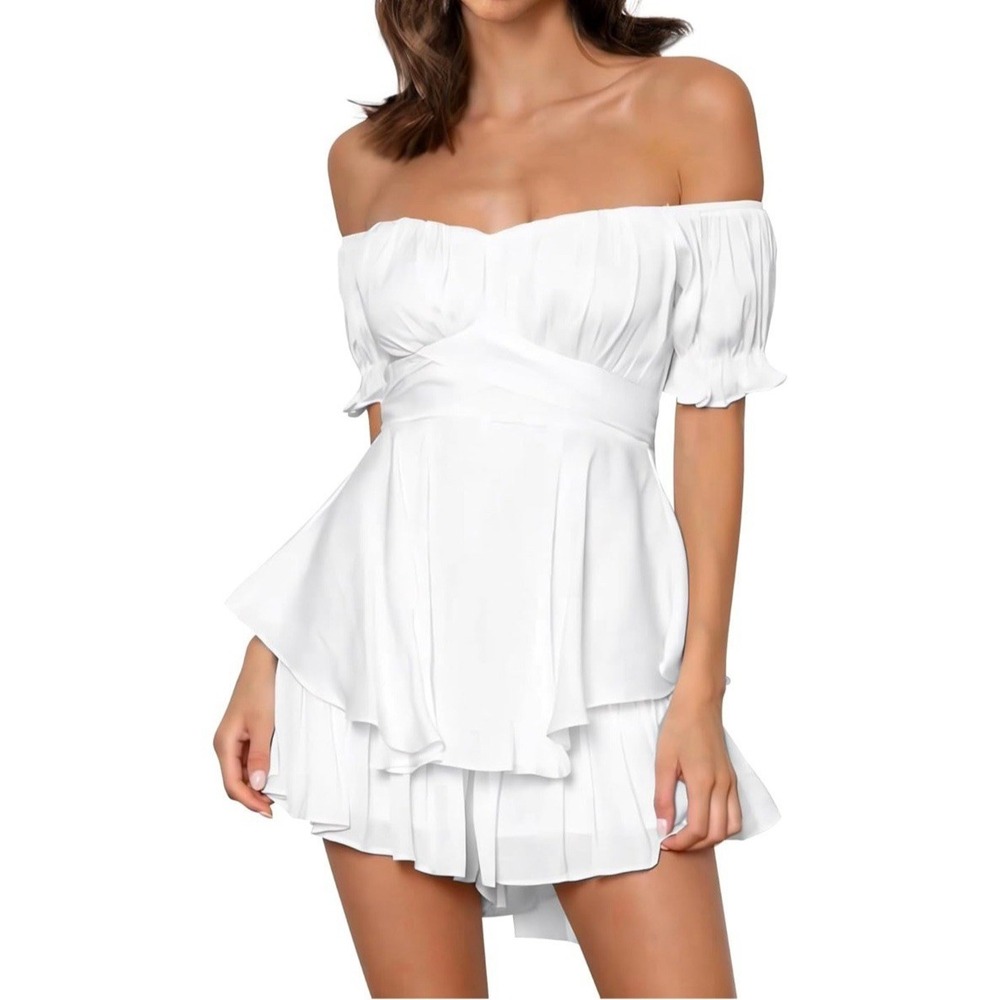 Women's Tie Back Off Shoulder Short Sleeve Mini Romper - White - Size L